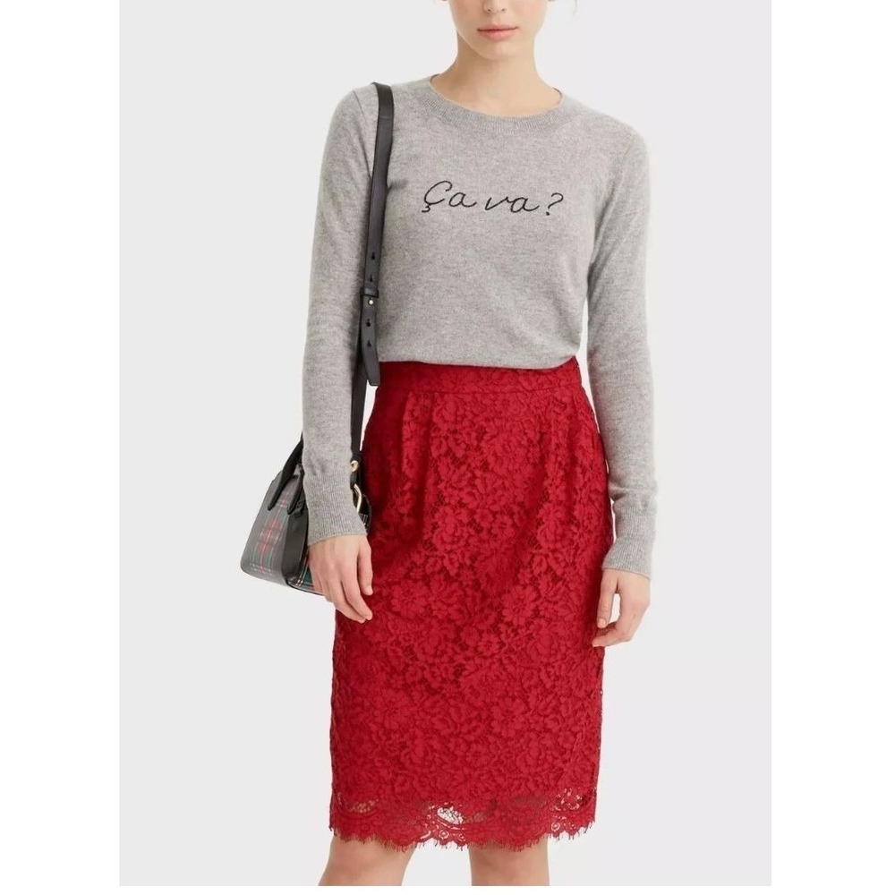 J CREW Pintucked Pencil Skirt Red Lace Feminine Valentines Date Night Sz 14